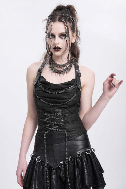 Black Halterneck Ripped Chained Women's Punk Vest