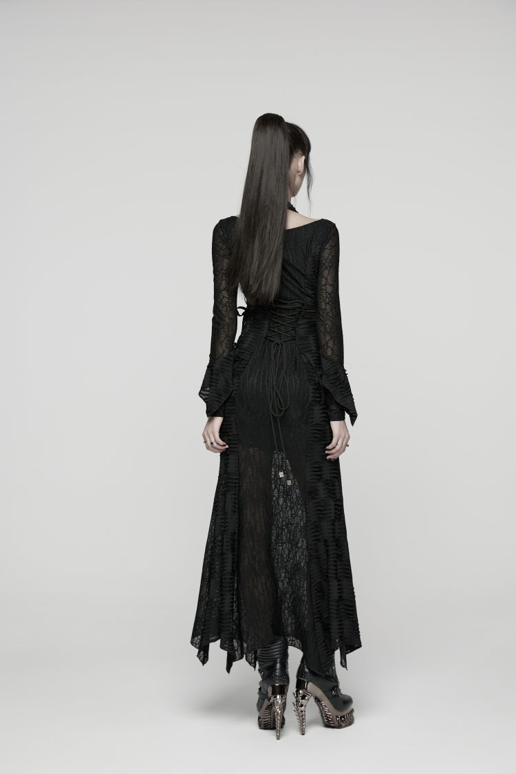 Black Off Shoulder Halterneck Long Trumpet Sleeves Hanayome Lace Lace-Up Women's Punk Dress