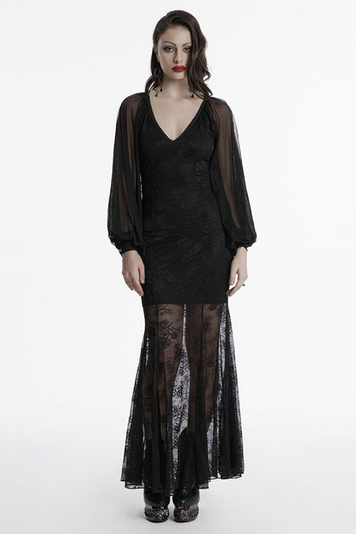 Black Long Plunging Batwing Sleeves Hollow Embroidery Women's Punk Dress