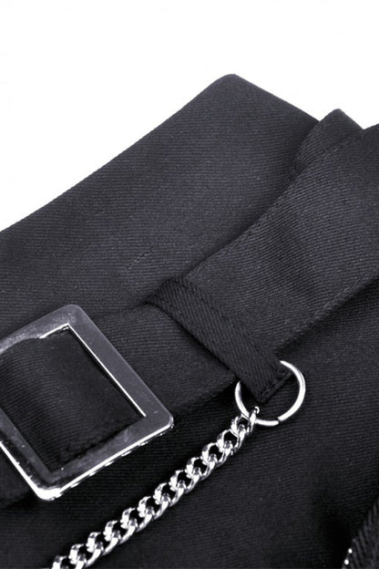 Black Pleated Big-pocket Chain-Decorated Women's Punk Mini Skirt with Belt