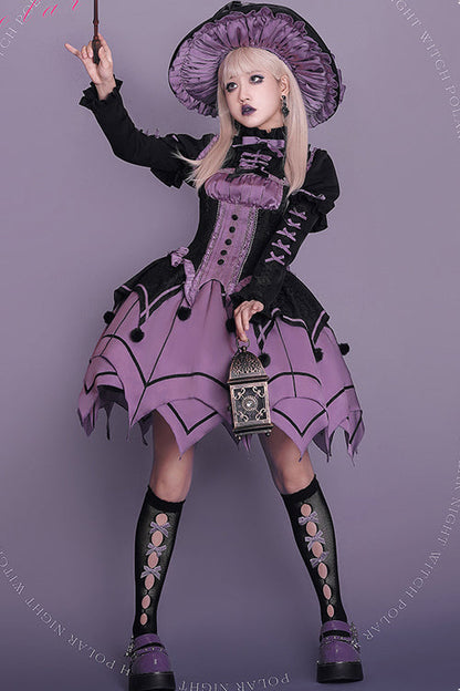 Black / Purple Round Collar Ruffled Long Sleeves Waist Irregular Hem Imp Sweet Lolita OP Dress Full Set