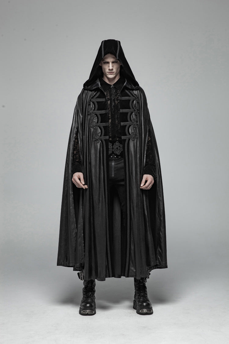 Black Print Embroidery Hooded Mens Gothic Coat Cloak