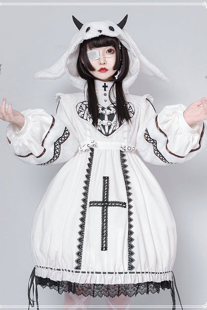 Beige Detachable Hat High Neck Woolen Cuffs Demon Rabbit Gothic Lolita OP Dress