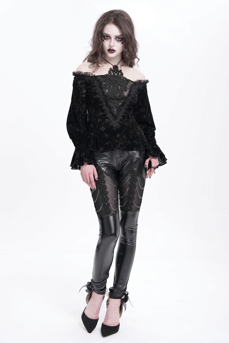 Black Chain Faux Leather Stitching Lace Women's Gothic Pants