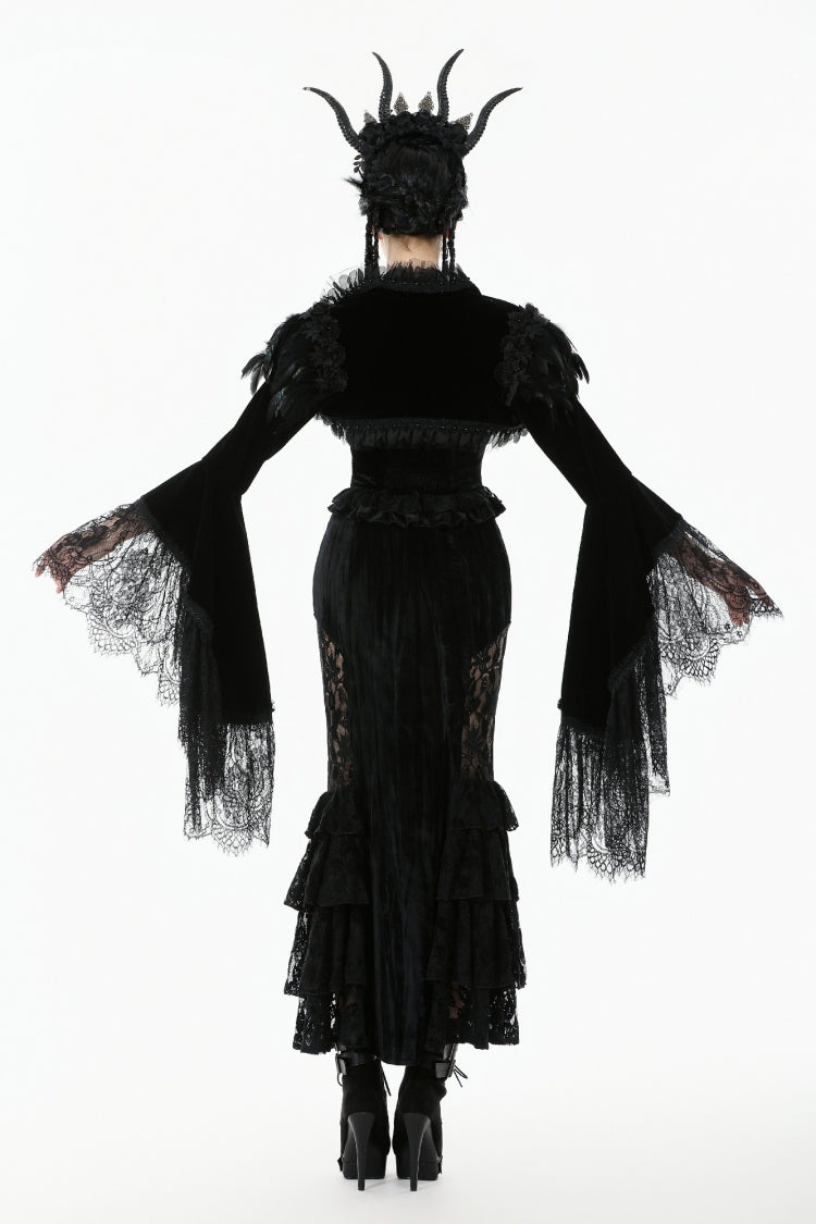 Black Lace Spliced Velvet Long Flared Sleeves Floral Feather Women's Gothic Cape