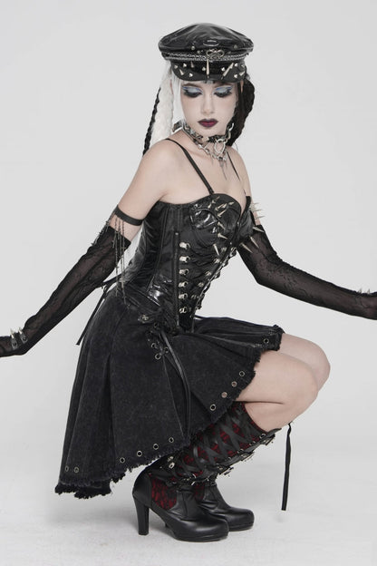 Black Lace-Up Pleated Eyelet Women's Punk Skirt