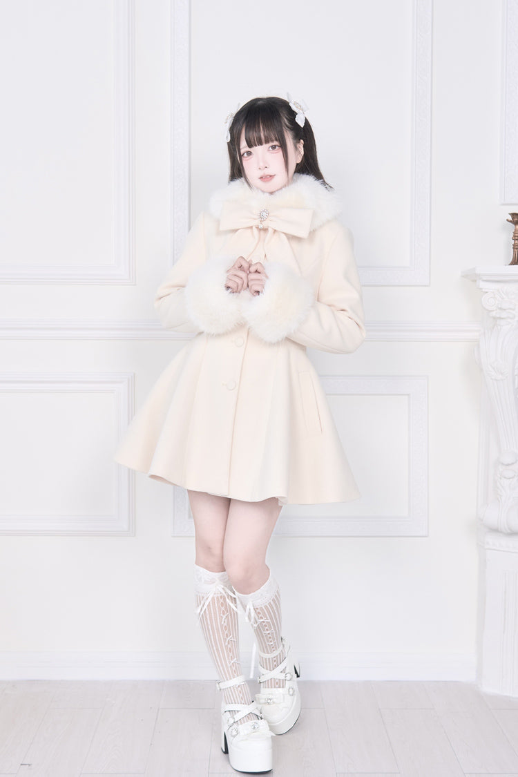 Apricot Plush Collar Long Sleeves Bowknot Japanese Sweet Lolita Coat