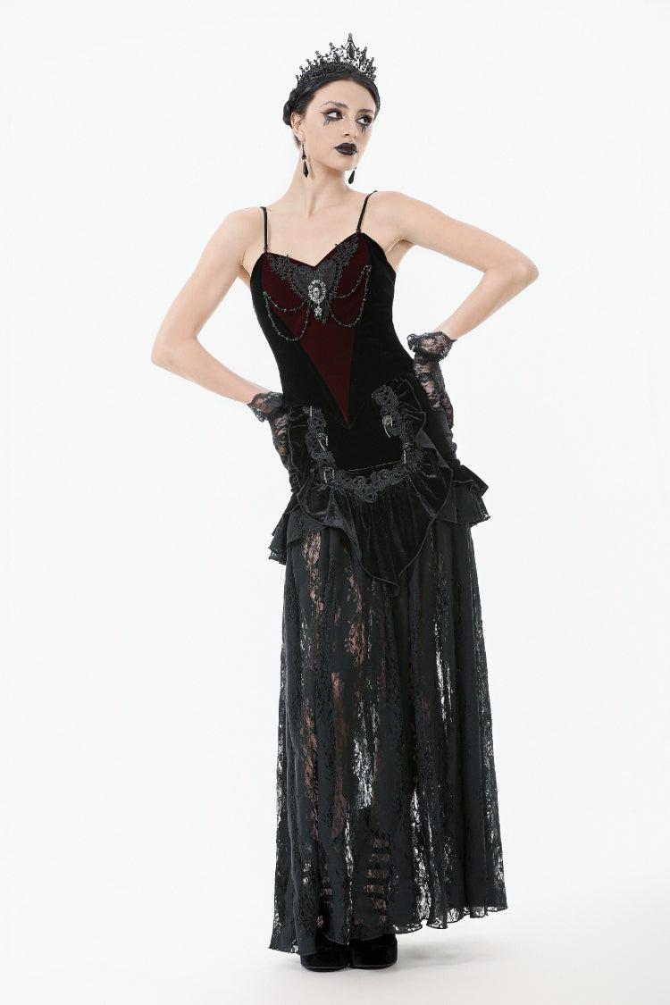 Black Multi-Layered Ruffled Velvet Spliced Lace Lace-Up Women's Gothic Long Skirt