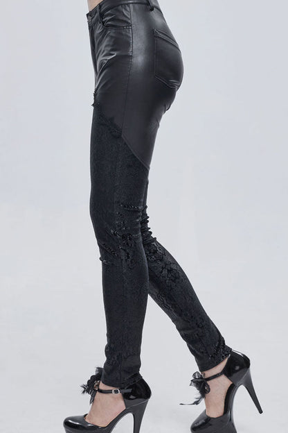 Black Gothic Metal Rose Button Leather Lace Panel Slim Fit Women's Long Pants