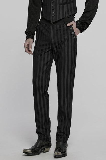 Black High Waisted Striped Print Men's Gothic Suit Pants