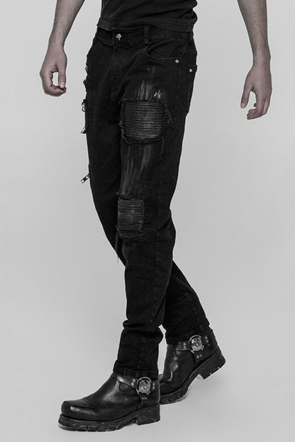 Black Hand-Painted Crafts Stitching Ripped Men's Steampunk Jeans Pants