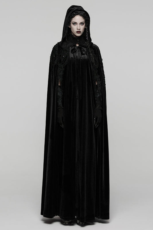 Black Floral Embroidery Diamante Velvet Hooded Women's Gothic Cloak