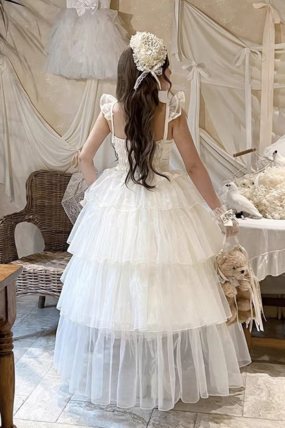 Beige [Mousse Serenade] Triple-Layered Ruffled Hanayome Bow Lace Sweet Princess Lolita Strapless Dress