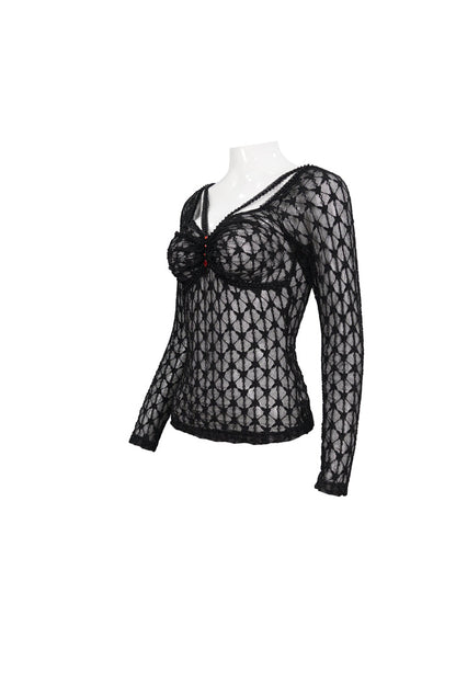 Black Lace Mesh Front Red Diamond Long Sleeve Transparent Women's Punk T-Shirt