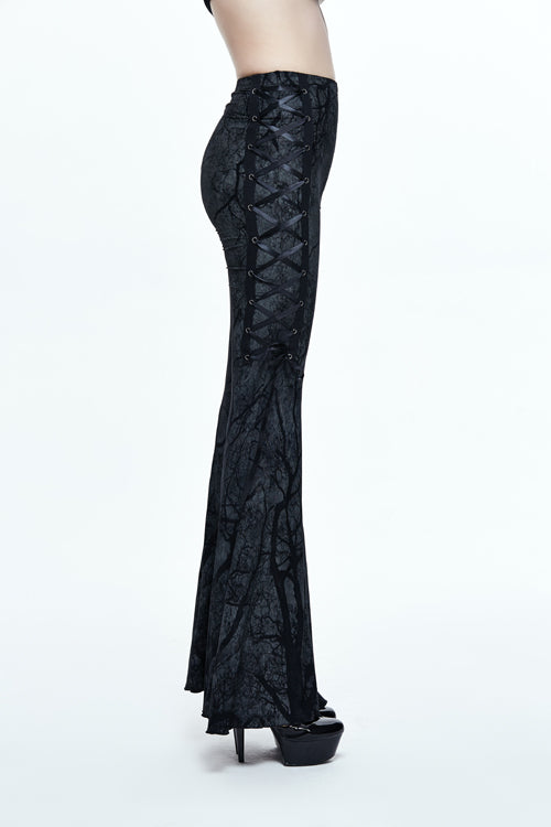 Black Mysterious Forest Gothic Branch Printing Bellbottom Womens Pants