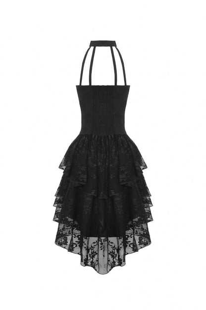 Black Off Shoulder Halterneck Sleeveless Irregular High Low Multi-Layered Lace Women's Gothic Dress