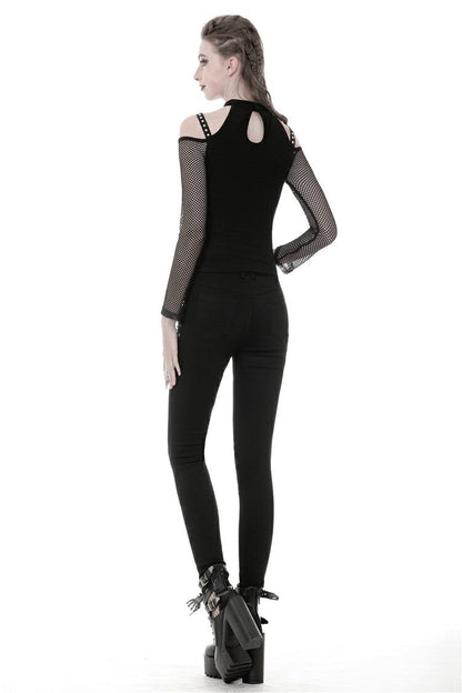 Black Off Shoulder Long Sleeves Lace-Up Mesh Women's Punk Top