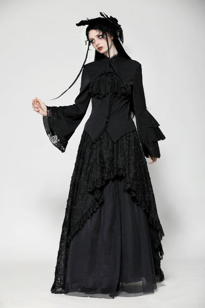 Black Lace Stand Collar Multi-Layered Ruffled Long Flared Sleeves Women's Gothic Blouse