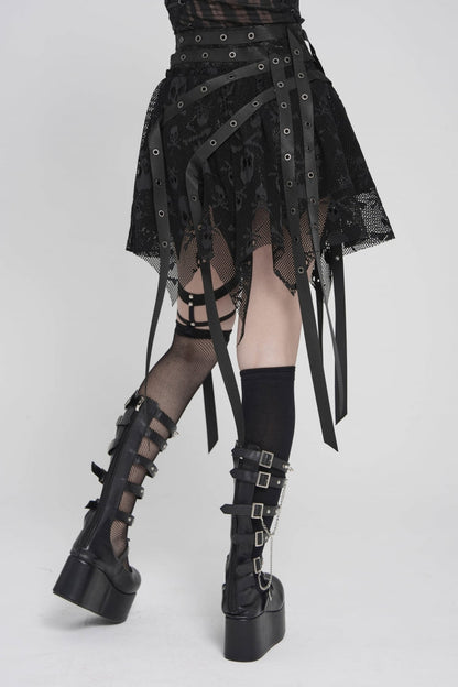Black Double-Layered Lace Lace-Up Irregular Mesh Eyelet Women's Punk Skirt