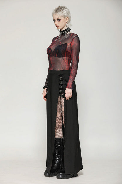 Black Buckled Zippered Women's Punk Side Slit Long Skirt