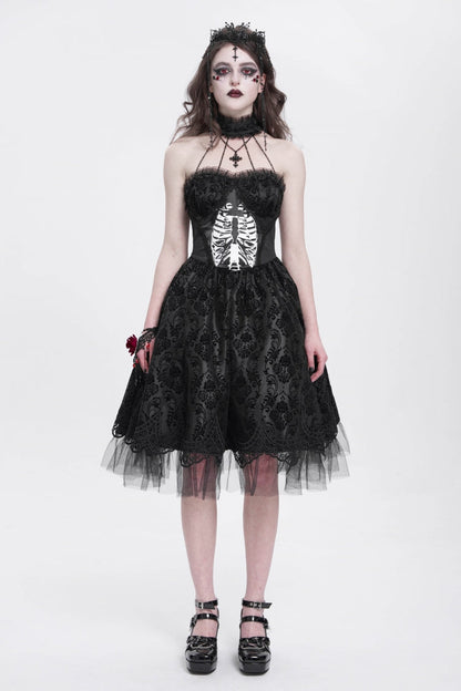 Black Halterneck Skeleton Print Embroidery Stitching Lace Women's Gothic Dress