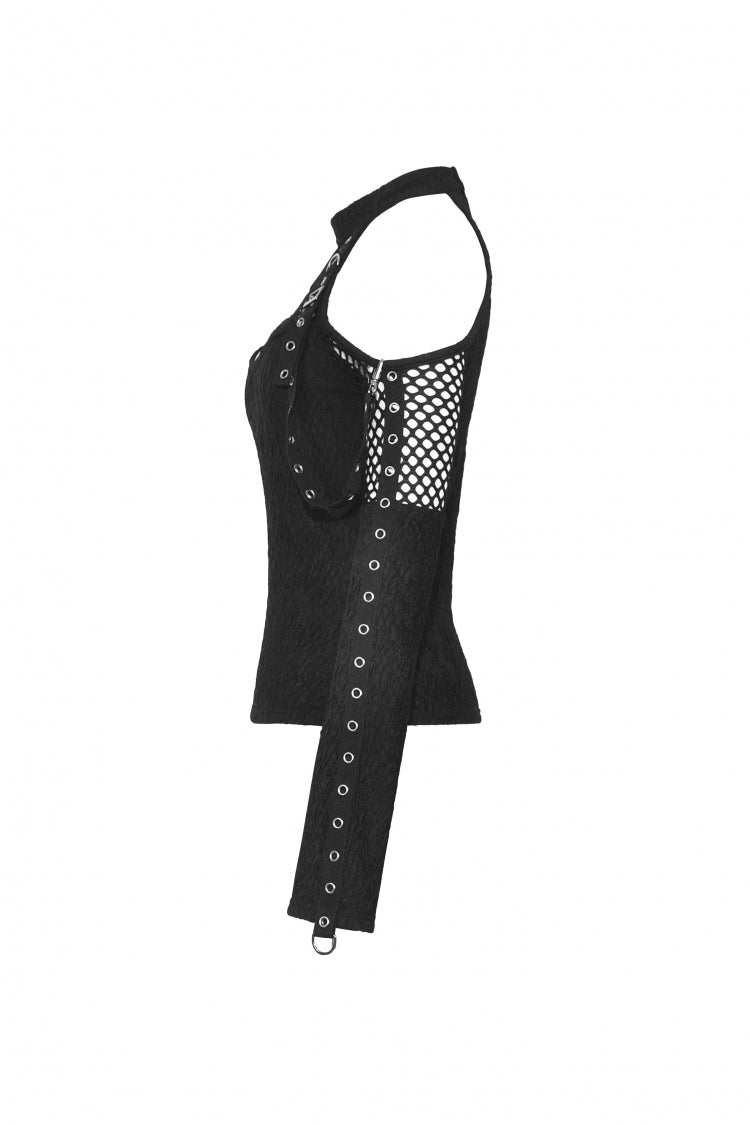 Black Off Shoulder Long Sleeves Cut-Out Spliced Mesh Women's Punk Top