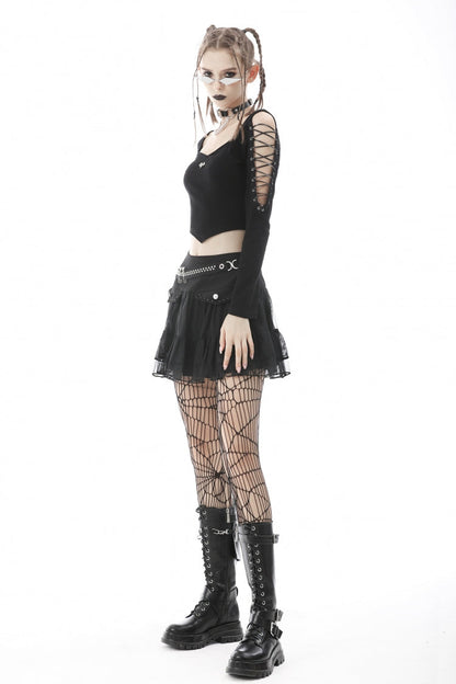 Black Long Sleeves Irregular Strappy Bat Women's Punk Crop Top