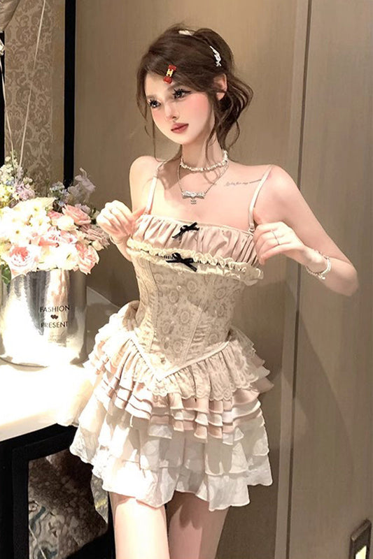 Apricot Multi-Layered Print Ruffle Embroidery Bowknot Sweet Vintage Lolita Skirt