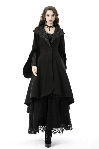 Black Lapel Collar Long Sleeves Women's Gothic High Low Woolen Dovetail Coat with Hood