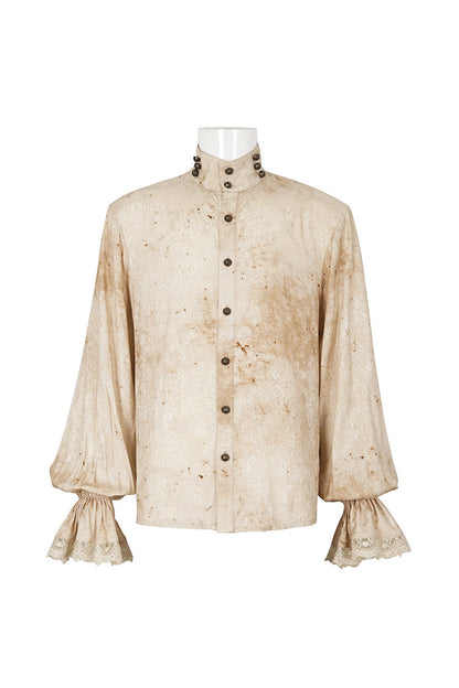Apricot Stand Collar Puff Sleeved Men's Gothic Shirt With Necktie