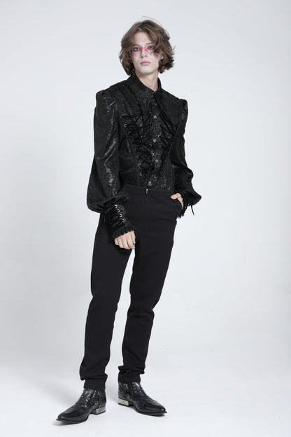 Black Long Puff Sleeves Jacquard Lace Men's Gothic Blouse