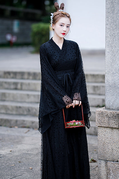 Black Costume Polka Dot Print Classic Hanfu Dress