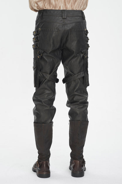 Black Big Pocket Bronze Studded Faux Leather Men's Gothic Pants