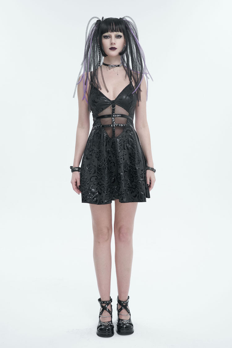 Black Pentagram Embossed Panel Mesh Rope Cutout Women's Gothic Dress