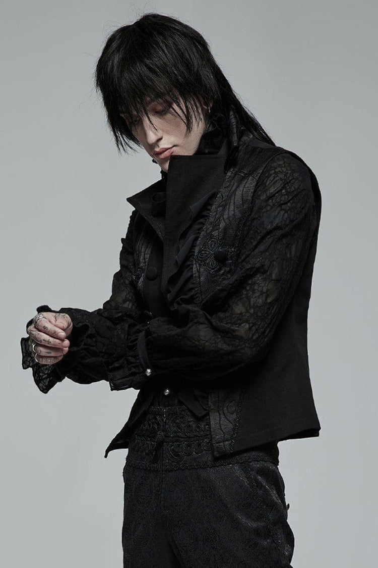 Black Gothic Noble Jacquard Embroidery Pleated Ruffle Delicate Buttons Decoration Men's Vest