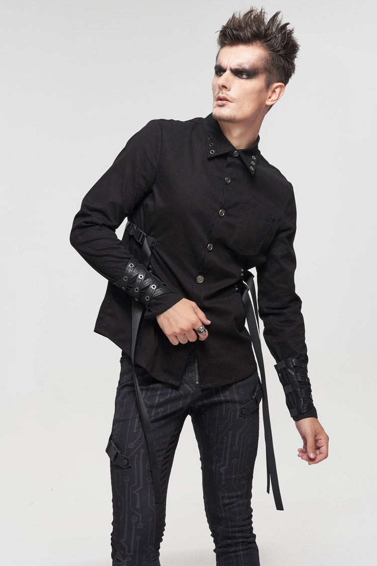 Black Nylon Strap Metal Buckle Decoration Long Sleeve Elasticity Men's Punk Shirt