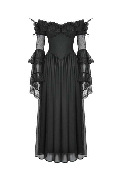 Black Off Shoulder Boat Neck Multi-Layered Long Trumpet Sleeves Lace Spliced Tulle Lace-Up Women's Gothic Fantasy Dress