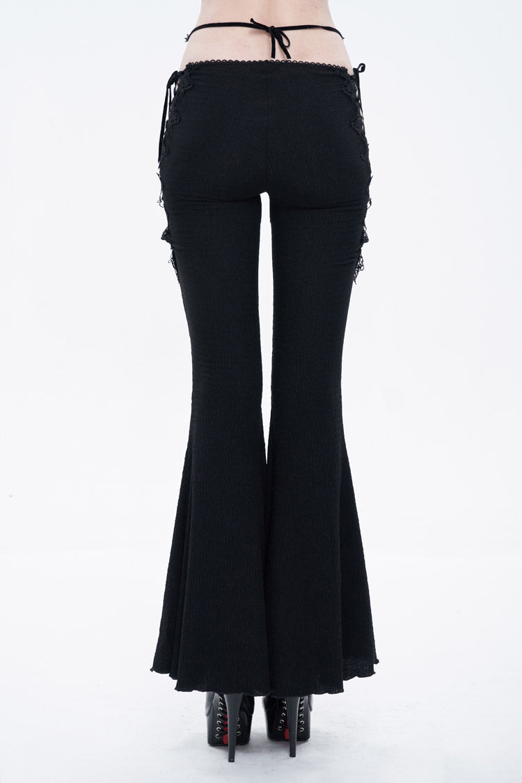 Black Low-Rise Lace Gem-Embellished Bilateral Lace-Up Cutout Flared Women's Gothic Pants