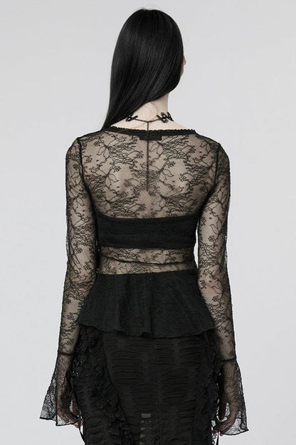Black Long Trumpet Sleeves Lace Sheer Women's Gothic T-Shirt