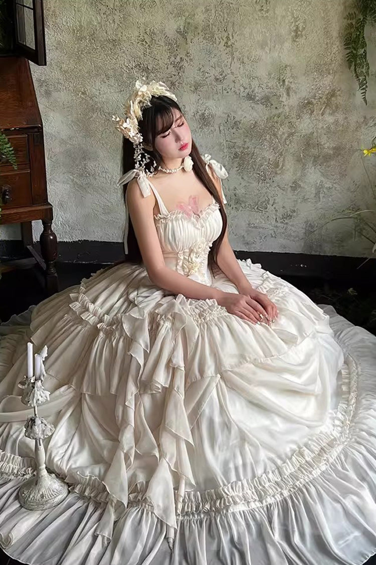 Apricot/Beige [Antique Bride] Sleeveless Multi-Layered Ruffled Bow Lace Sweet Elegant Gorgeous Full Skirt Lolita Jsk Dress