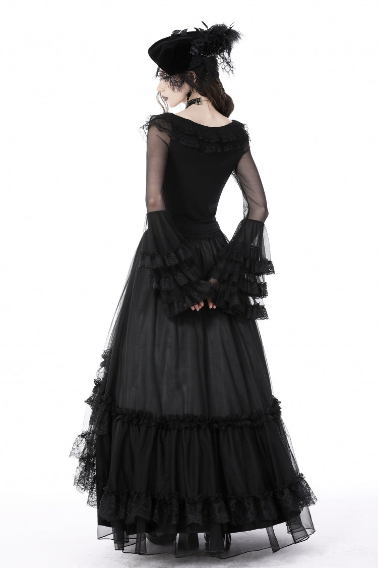 Black Multi-Layered Ruffled Lace Long Trumpet Sleeves Women's Gothic Princess Sexy Top