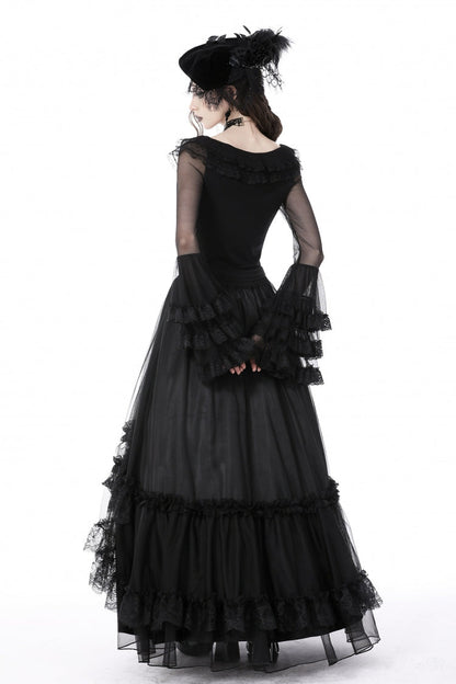 Black Multi-Layered Ruffled Lace Long Trumpet Sleeves Women's Gothic Princess Sexy Top