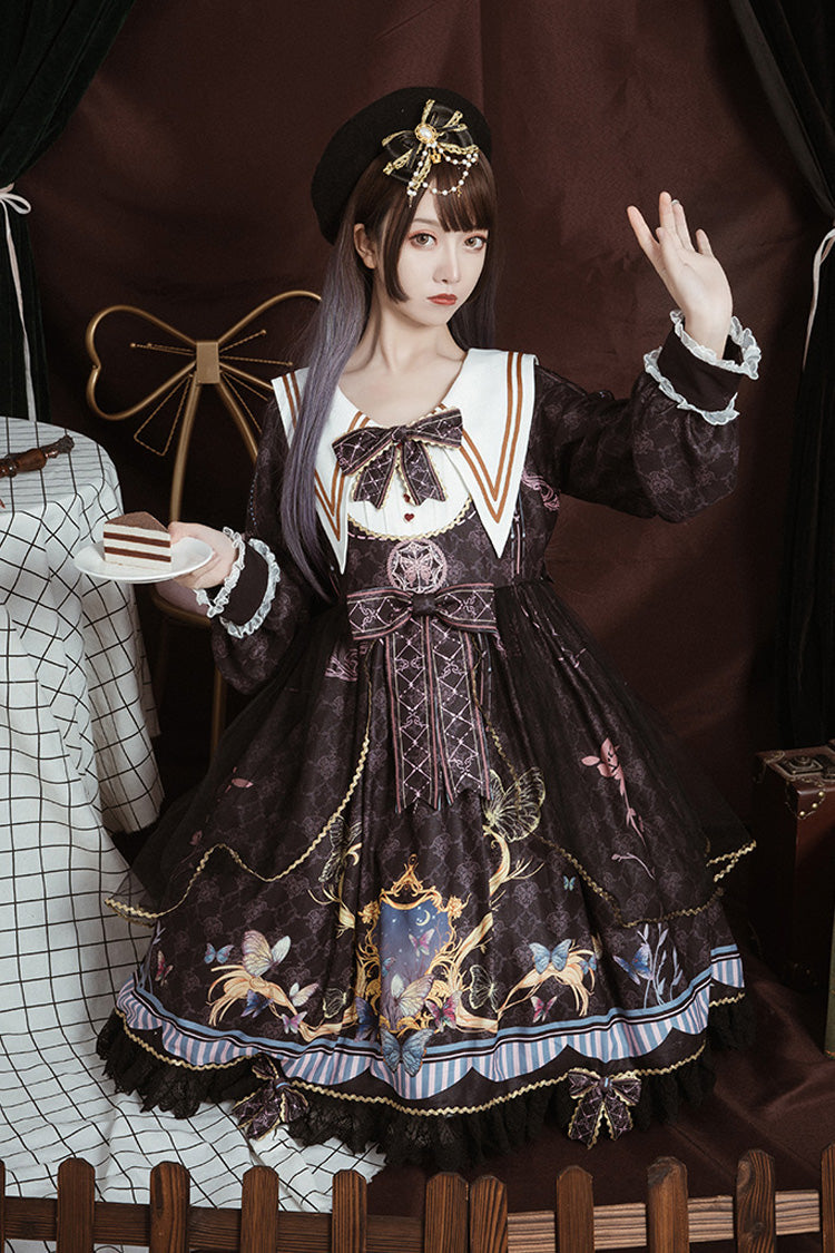 Black Navy Collar Long Sleeves Butterfly Print Ruffle Bowknot Gothic Elegant Princess Lolita Dress