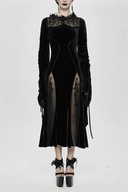 Black Flocking Pattern Trumpet Sleeve Sexy Womens Gothic Fitted Velvet Dress