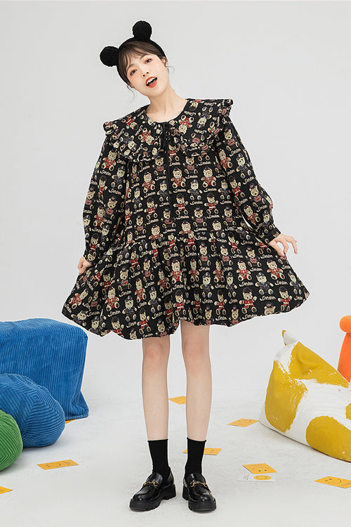 Black Doll Collar Bear Print Puff Sleeves Ruffled Sweet Lolita OP Dress