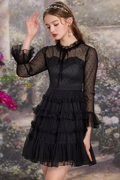 Black Lace Round Collar Polka Dot Mesh Trumpet Sleeves Layered Ruffled Sweet Lolita OP Dress