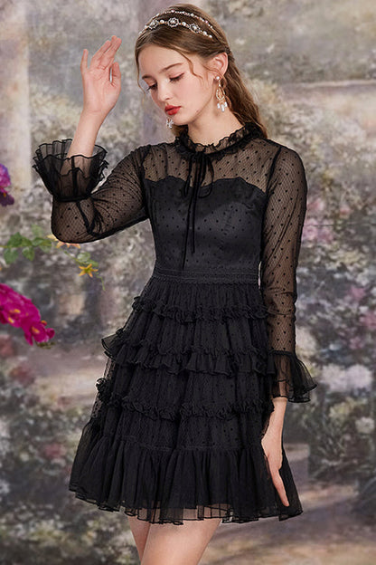 Black Lace Round Collar Polka Dot Mesh Trumpet Sleeves Layered Ruffled Sweet Lolita OP Dress