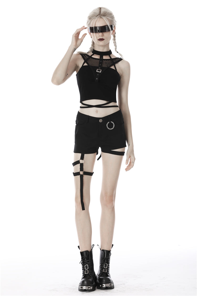 Black Halterneck Spliced Mesh Strappy Buckle Eyelet Harness Women's Punk Midriff-Baring Tank Top