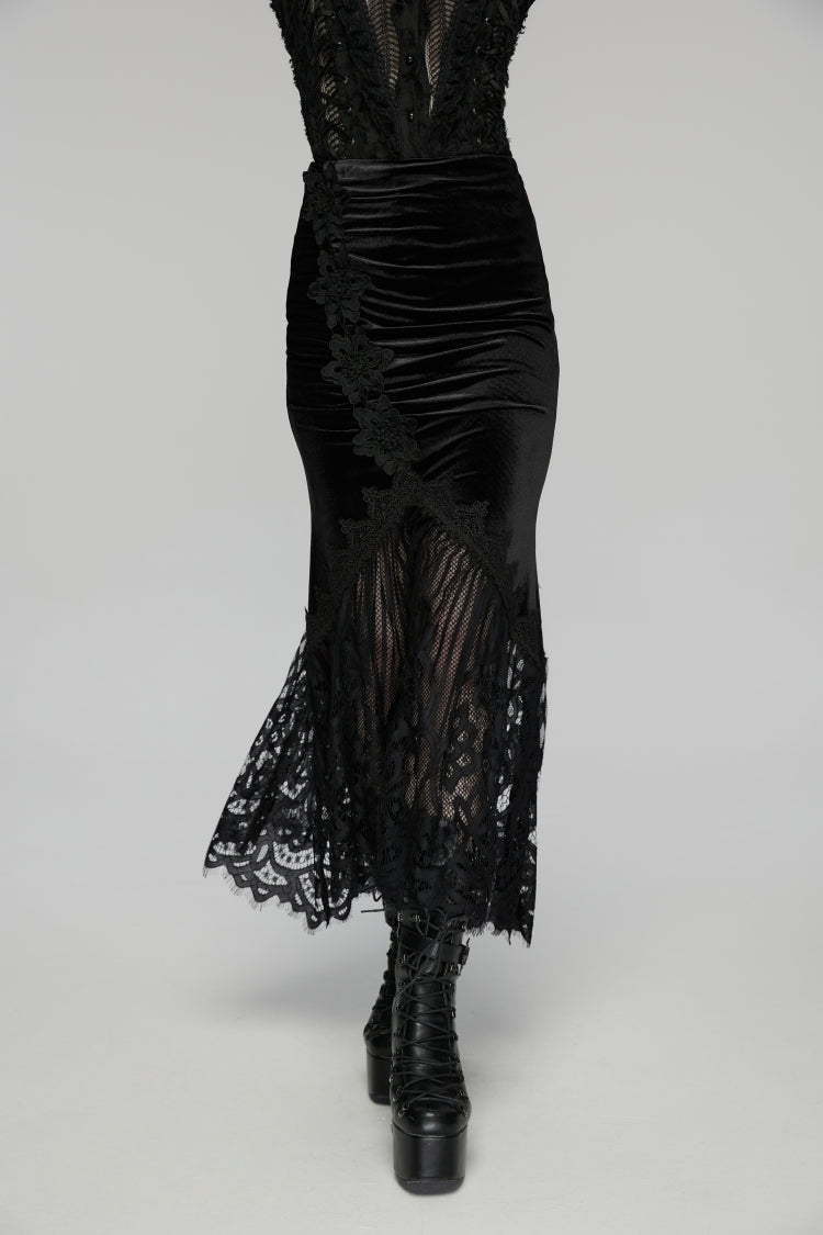 Black Embroidered Lace Slim Women's Gothic Fishtail Velvet Skirt