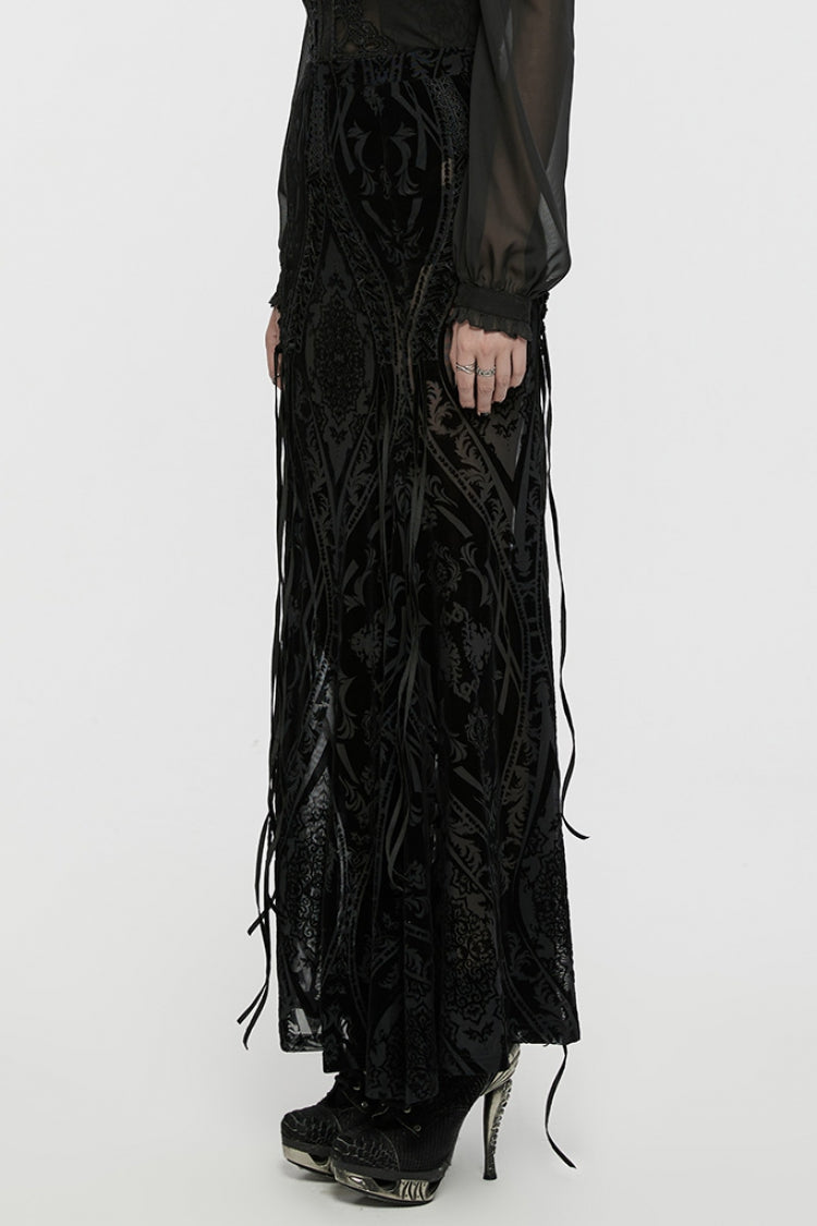 Black Embroidery Lace-Up Sheer Mesh Women's Gothic Skirt
